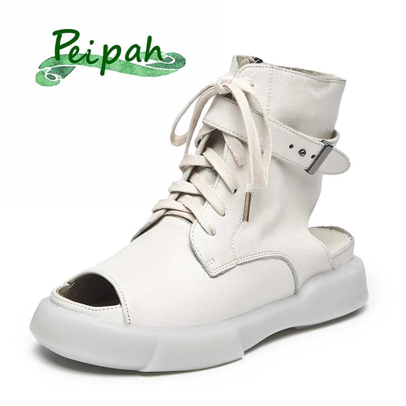 Latest Product PEIPAH Designer Genuine Leather Women Mid-Calf Boots 2019 New Summer Open Toe Fish Mouth Roman Shoes Solid Femme Martin Boots