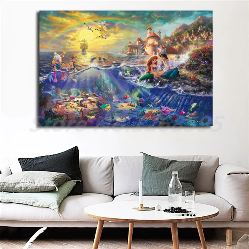 Thomas Kinkade The Little Mermaid And Tramp HD Painting Wall Art Print On Canvas Living Room Decorative Picture Christmas Gifts