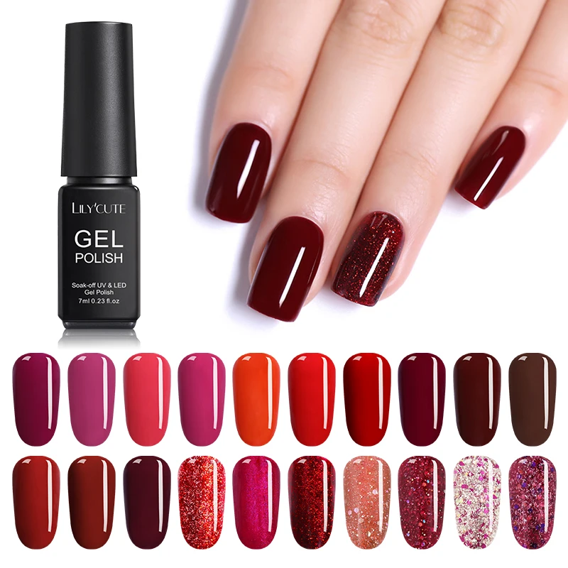 

LILYCUTE Red Series Glitter Gel Nail Polish Pure Long Lasting Lacquer Soak Off UV LED Nail Art Gel Varnish Base Top Coat