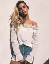 Summer Autumn Women Sexy Off Shoulder Lace Hollow Out Top Blouses Long Flare Sleeve Shirt Casual Blouses Slash Neck Top Clothing
