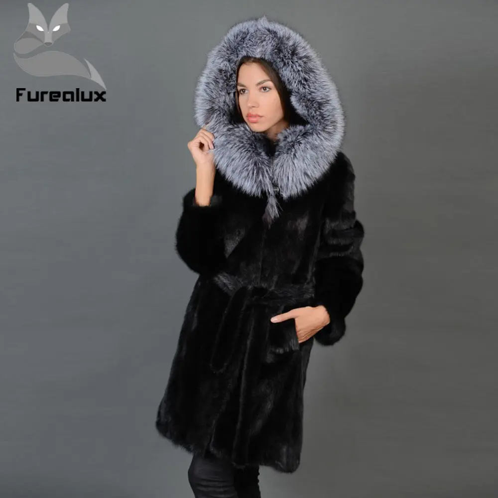 Женская шуба из натурального меха норки Furealux с капюшоном зимняя куртка Большая