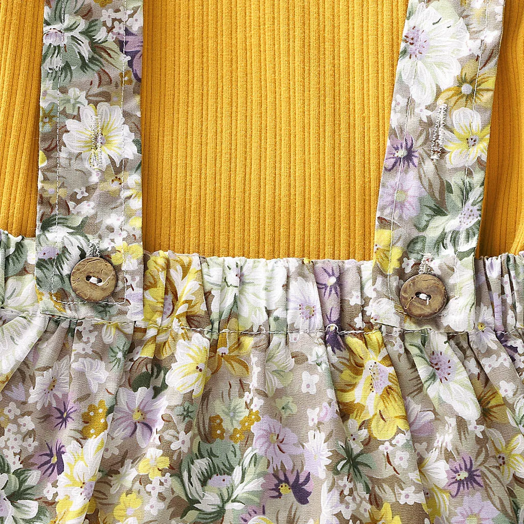 Комплекты детской одежды однотонные топы с длинными рукавами для маленьких девочек+ комбинезон с цветочным принтом Одежда для девочек костюм C50