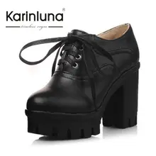 KarinLuna Fashion Thick High Heels Reitstiefel Frauen Lace Up Dicken Plattform Feste Frühjahr Herbst Schuhe Frau Casual Stiefel