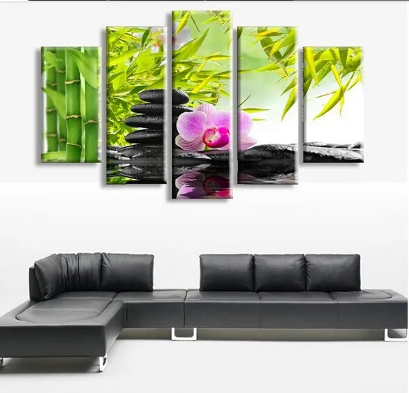 

High Precision Print Canvas Set of 5 Landscape green bamboo Forest Purple flowers Stretched Canvas Printed Ready to Hang