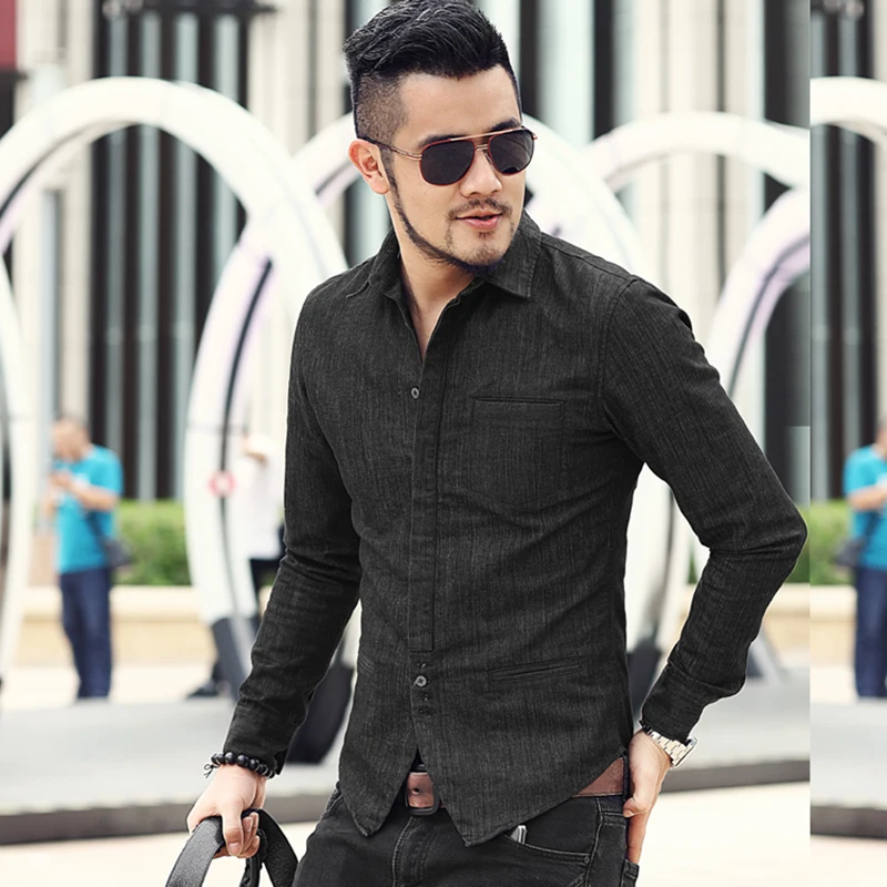 

Men New Fashion British Style Casual Slim Long Sleeve Denim Shirt Metrosexual Men Brand Autumn Black Solid Party Shirt S906-2