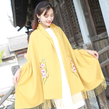 

Yeller Embroidery flower Shawl Women Pashmina Warm Scarves Autumn Winter Fashion New female large tassel scarf