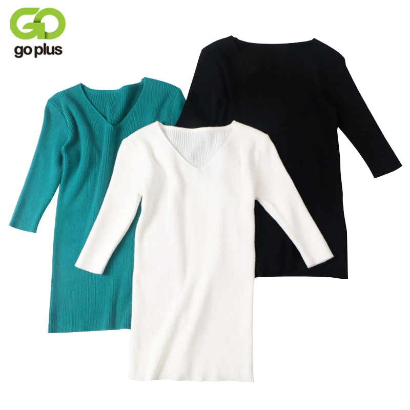 GOPLUS 2018 Spring New Ribbed Knit Sweaters Women Half Short Sleeves V Neck Knitted Pullovers White Black Tops C4889