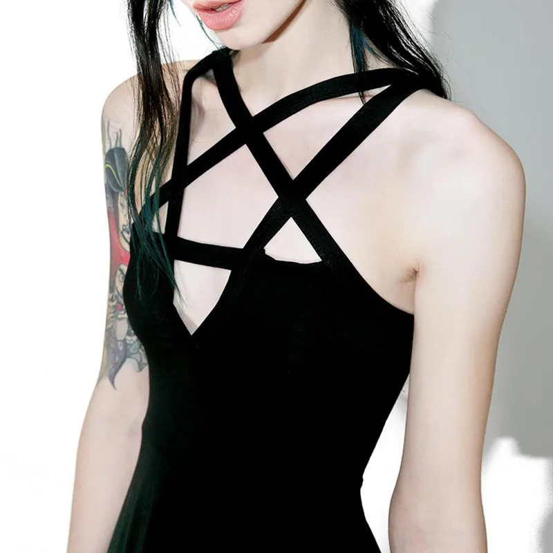 

Sexy Fashion Dress Summer Women Slim Mini Dress Black Pentagram Women Goth Dress