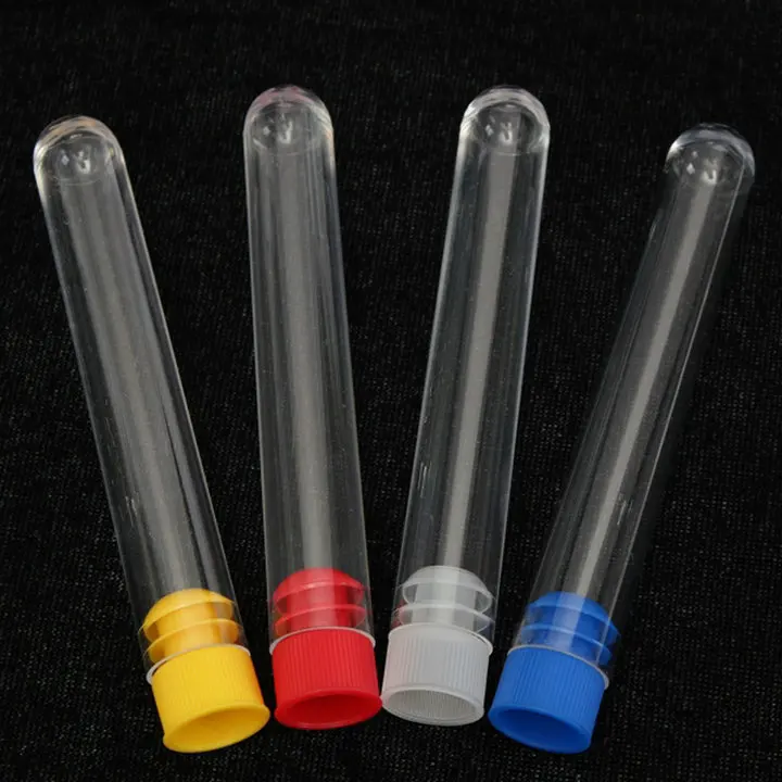 100pcs 15x100mm Clear Plastic test tubes with blue/red stopper push cap
