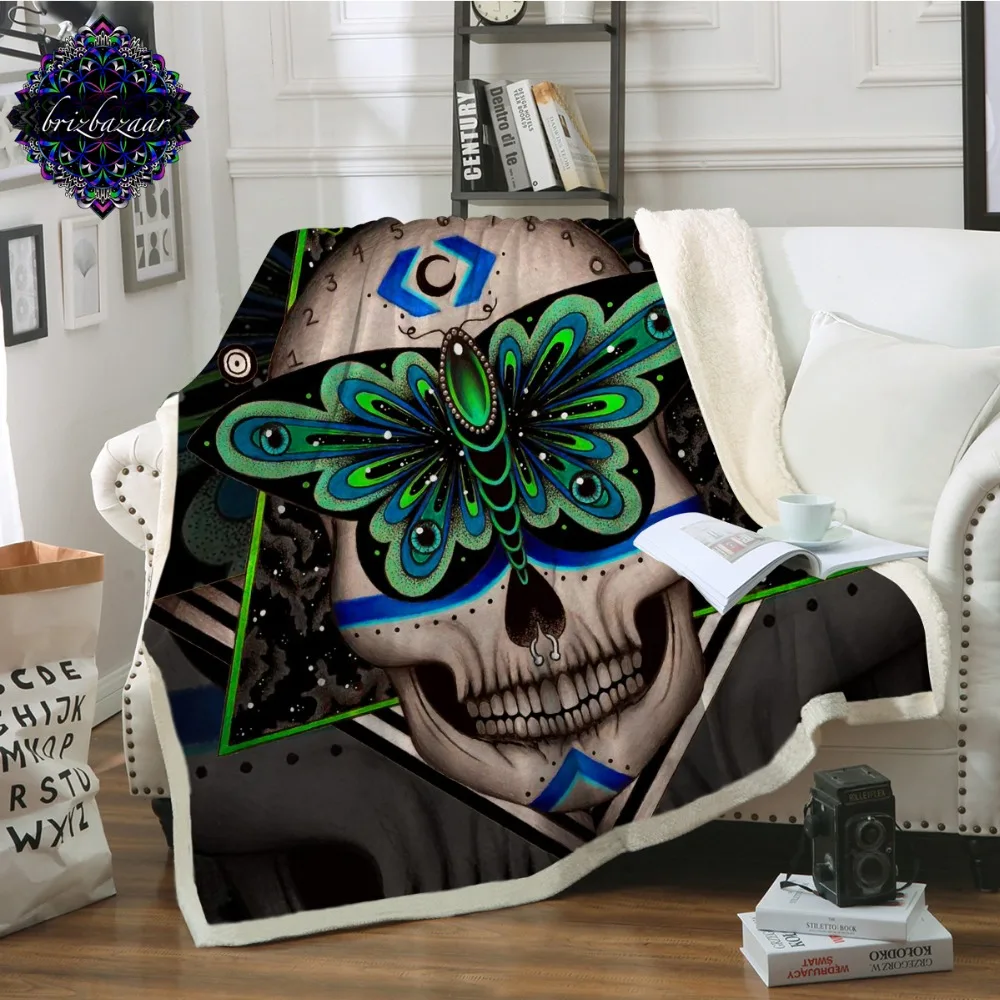 

Prophecies by Brizbazaar Bed Blanket Gothic Skull Bedspread Green Butterfly Sherpa Throw Blanket Geometric Abstract Art Bedding