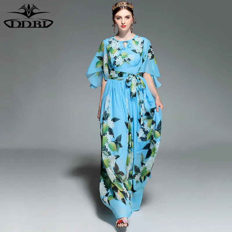 flowers pint blue floral floor dress 2018 new spring high quality maxi dresses for women 171213