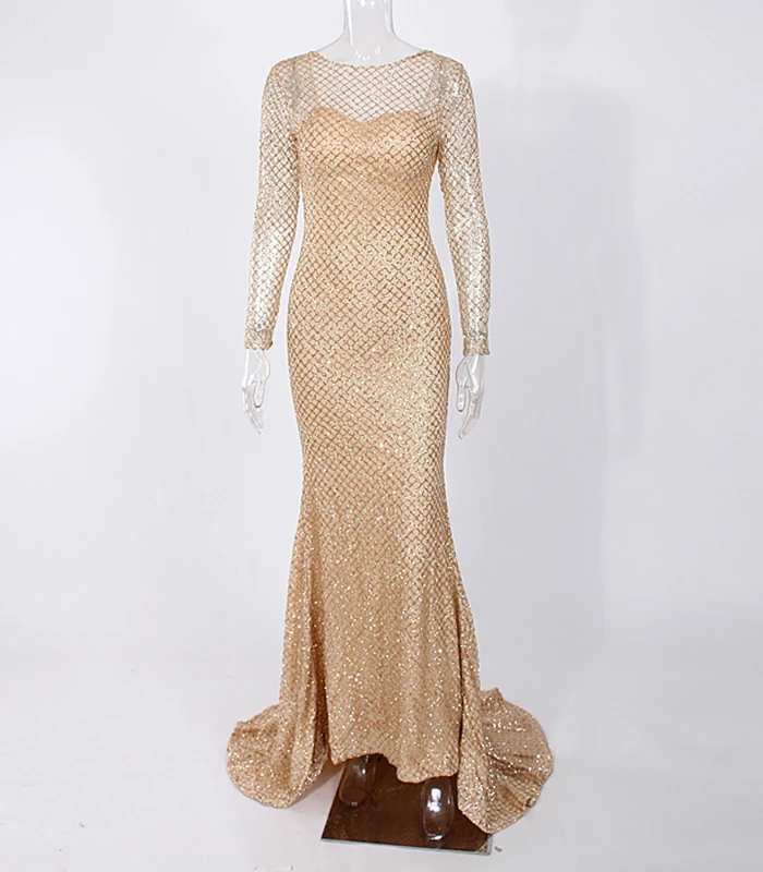 Золотое блестящее вечернее платье макси платье выдалбливают o-образным вырезом спинки Длина пола выпускного вечера русалка платье