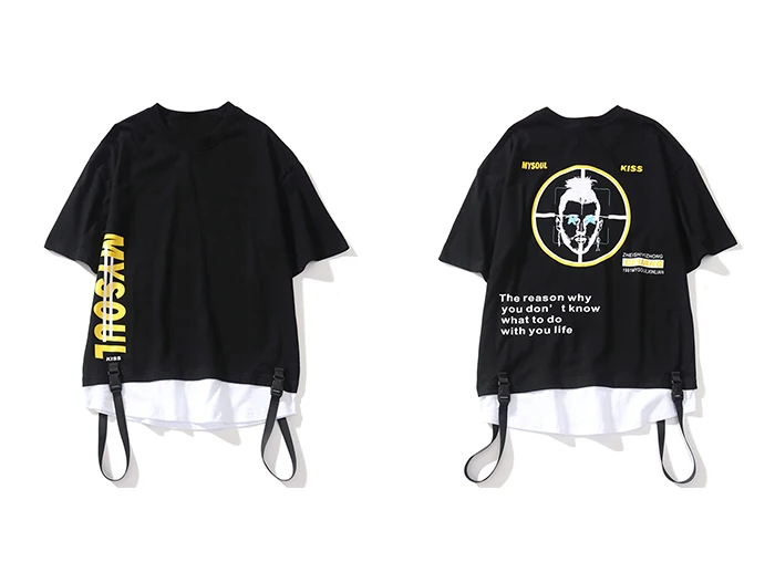 Aelfric Eden Rapper с принтом ленты мужские футболки поддельные две части цвет блок хип хоп Уличная Harajuku футболки с коротким рукавом