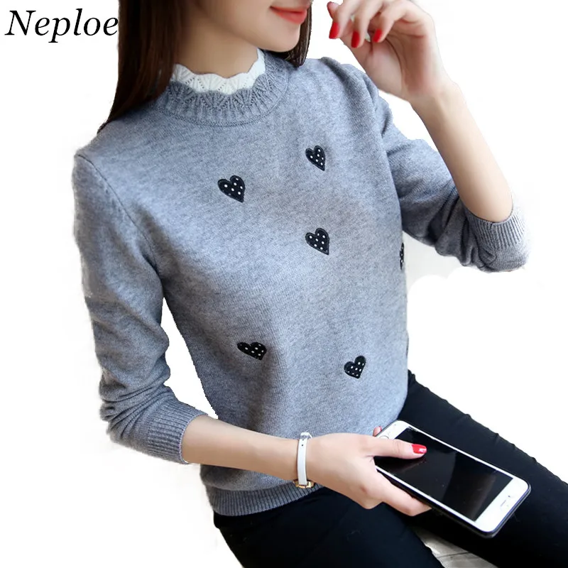 

Neploe Autumn New Pullover Short Knitted Tops Women Korean Lace Collar Sweater Lady Embroidery Temperament Slim Knitwear 65958