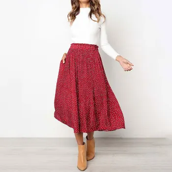 

2020 Summer Long Pleated Skirts Women High Waist Chiffon Skirt Ladies All Match Dots Skirt Female Pocket Tulle Maxi Skirt