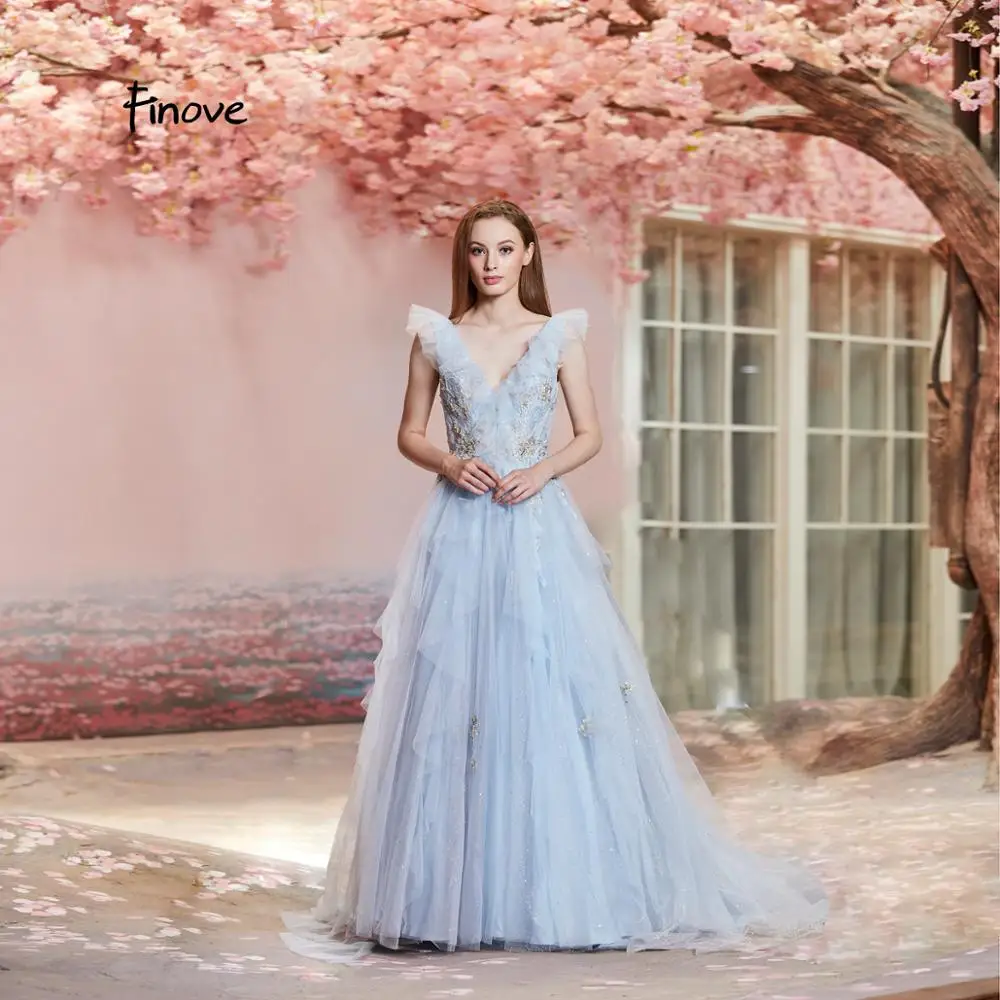 

Finove 2019 Evening Dresses Long Light Blue Sexy V Neck With Appliques Ruffles Formal Dress Elegant Prom Dress Vestido Do Festa