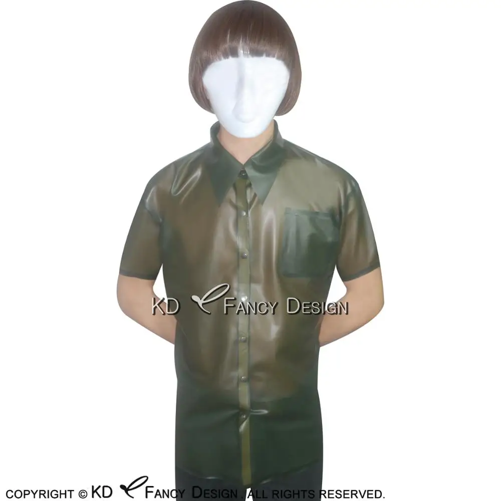 Transparant Groen Sexy Latex Militaire Uniform Met Knoppen Pocket Op Front Rubber Shirt YF-0033 Transparant Groen Sexy Latex Militaire Uniform Met Knoppen Pocket Op Front Rubber Shirt YF-0033