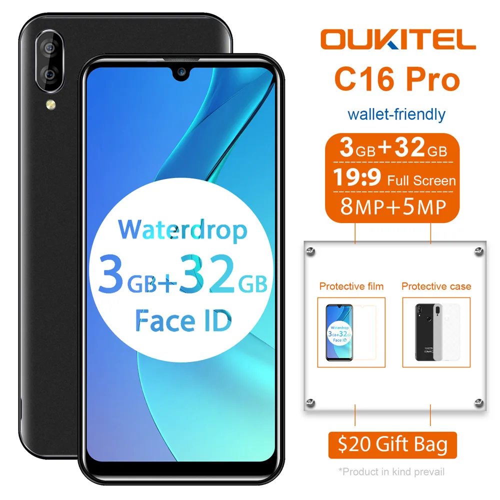 Мобильный телефон OUKITEL C16 Pro 5 71 дюймовый экран 19:9 Waterdrop Android 9.0 MT6761P 3 ГБ+ 32 ГБ сканер