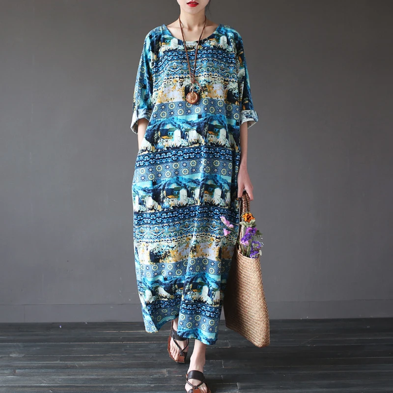 

Summer Dress 2016 Vintage Print Long Dress Women Linen Maxi Dress Vestidos Robe Femme Loose Causal Dresses Plus Big Sizes HY344