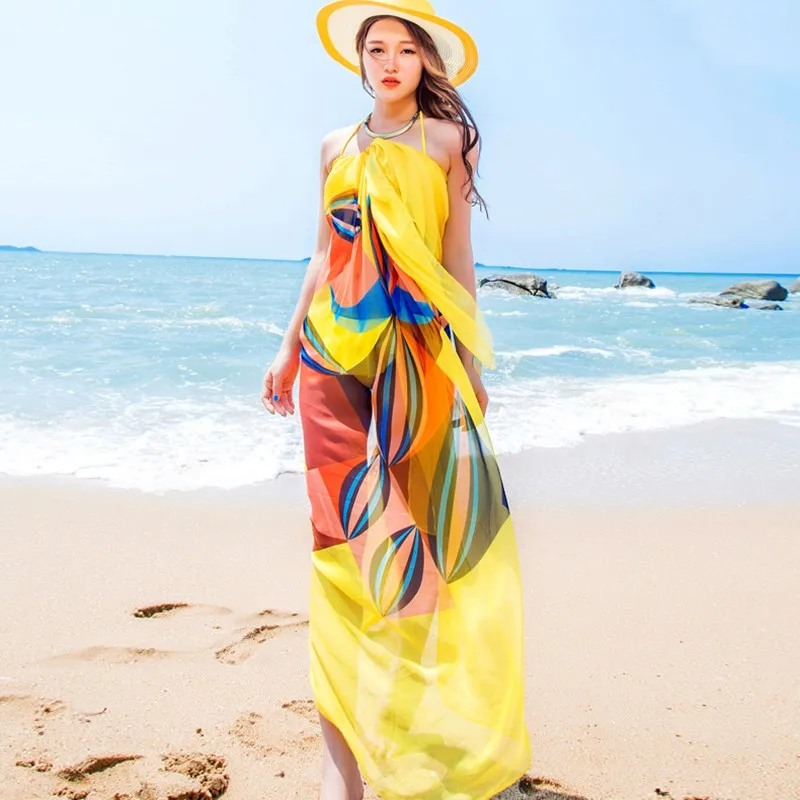 Beach Dress 2018 140x190cm Pareo Scarf Women Beach Sarongs Summer Chiffon Scarves Geometrical Design Swimwear Women