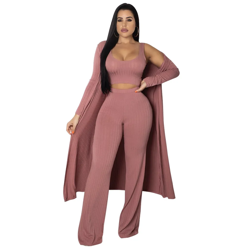 Winter Full Sleeve X Long Cardigan 3 Piece Set Jumpsuit Long Coat+Crop