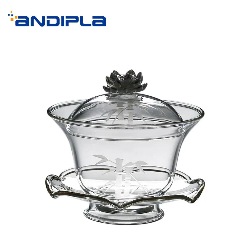 

200 Ml Creative Heat-resistant Clear Glass Tea Bowl with Flower Lid Saucer Kit Office Teaware Bamboo Pattern Teapot Sent Friends