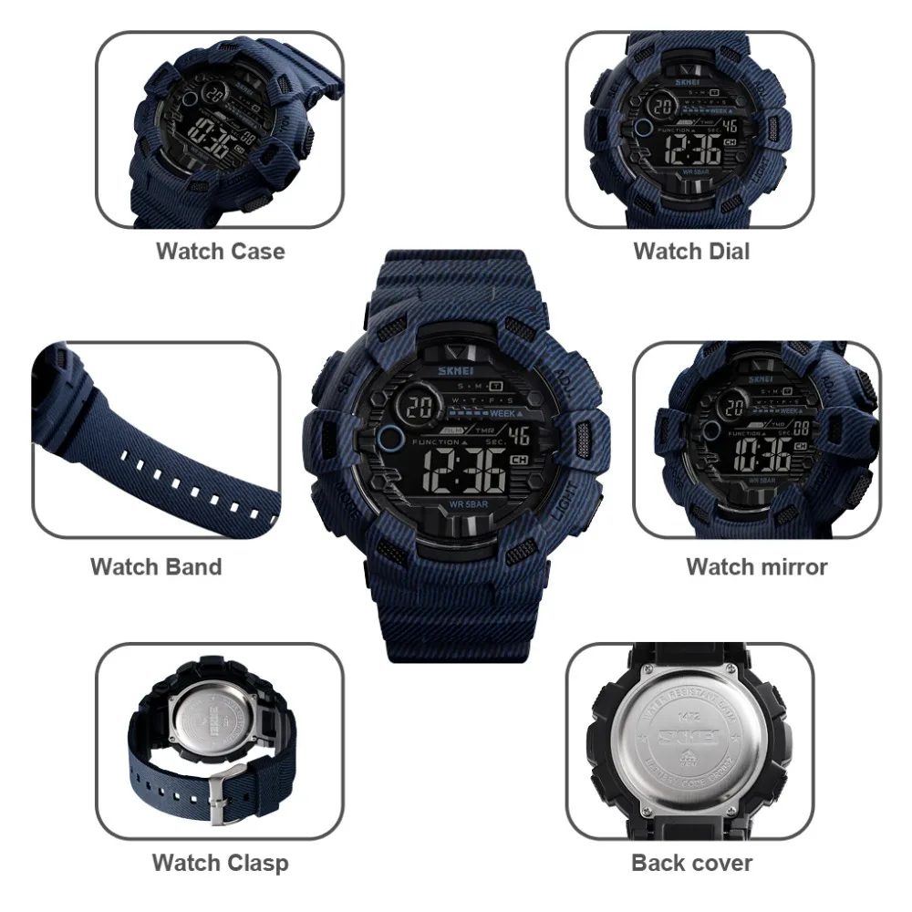 SKMEI Fashion Sport Watch Men Alarm Clock Cowboy Waterproof Week Display Men Watches Denim Digital Watch relogio masculino 1472
