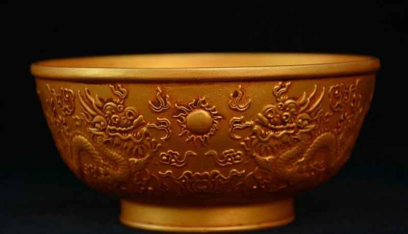 

4" Chinese Bronze Gilt Dynasty Palace Dragon Loong Bowl Bowl-like Object Statue
