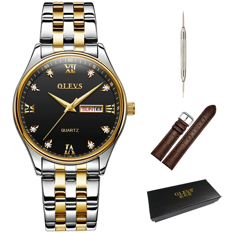 OLEVS Для мужчин часы Вист часы лучший бренд класса люкс relogio кварц мала часы для любителей нержавеющая сталь Бизнес часы - Цвет: Gold Black