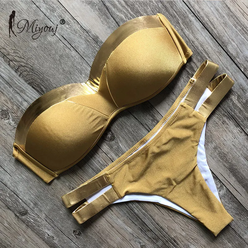 

Miyouj Sexy Bandeau Bikini Hollow Out Gold Flash Swimsuit Push Up Swimwear Women Bathing Suit Thong Biquini Halter Bikini Set