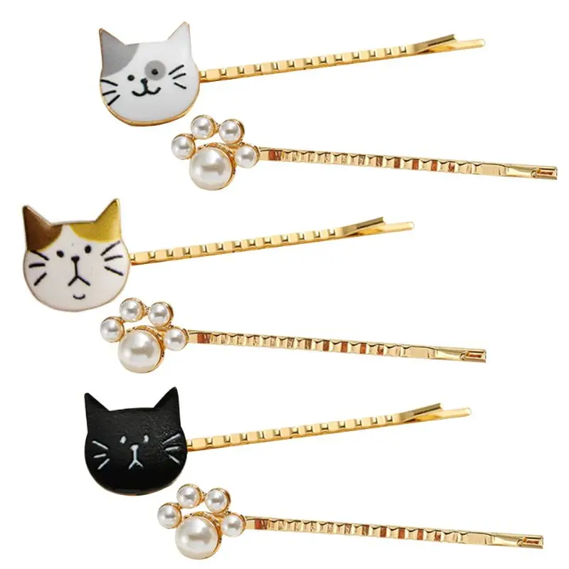 

2Pcs/Set Japanese Cute Cartoon Drop Oil Cat Hairpin Women Girls Imitation Pearl Paw One Word Hair Clip Side Bangs Updo Barrettes