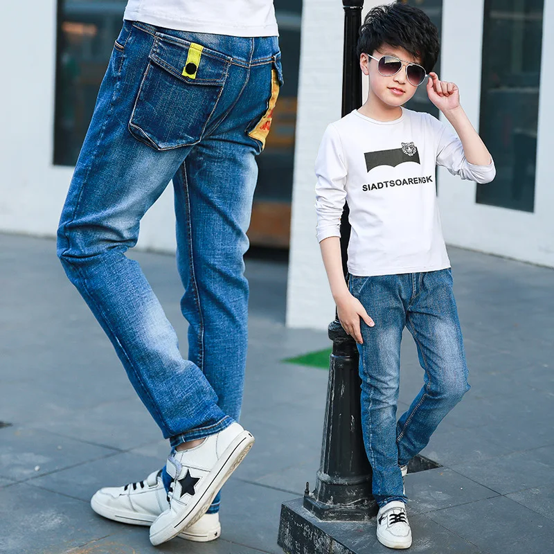 3 2019 Kids Boys Jeans Denim Pants Trousers Teens Letters Pockets Solid Navy Blue Spring Casual Elastic Waist Children Clothing
