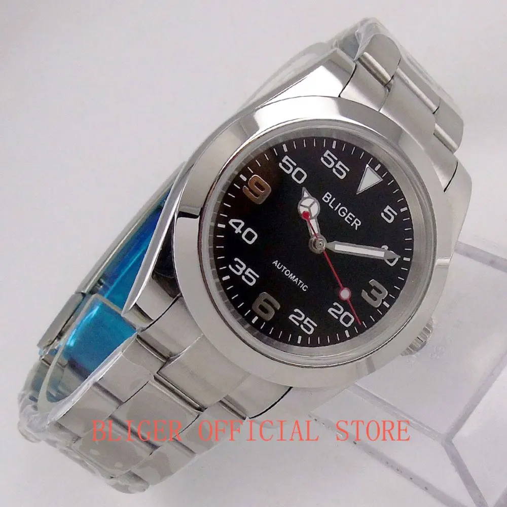 Модные мужские часы MIYOTA 8215, 40 мм, BLIGER, черный циферблат, светящаяся рука, сапфировое стекло, Автоматический ход