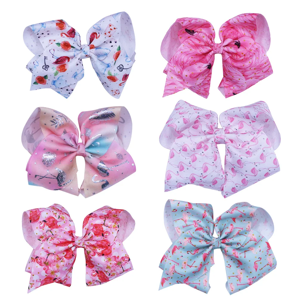 

6 inch flamingos print grosgrain ribbon bows with clip bowknot Headwear Children Girls Hair Accessories 6PC/lot