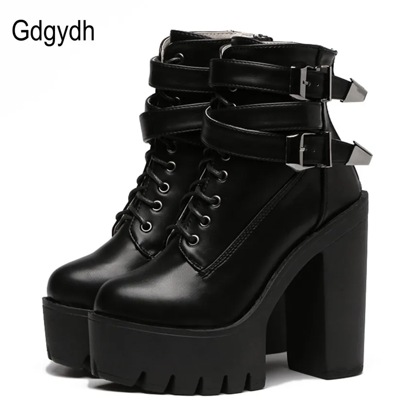 Gdgydh 2018 Spring Fashion Women Boots High Heels Platform Buckle Lace Up Leather Short Booties Black Ladies Shoes Good Quality : image Gdgydh 2018 Spring Fashion Women Boots High Heels Platform Buckle Lace Up Leather Short Booties Black Ladies Shoes Good Quality