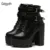 Gdgydh/весенне-осенние модные женские ботинки на высоком каблуке, на платформе, с пряжкой, на шнуровке, кожаные короткие ботиночки, Черная женская обувь, акция - изображение