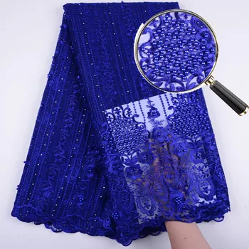 

African French Lace Fabric 2019 High Quality Net Bead Lace Embroidery Fabric Nigerian Wedding Tulle Lace Fabric Royal Blue S1399