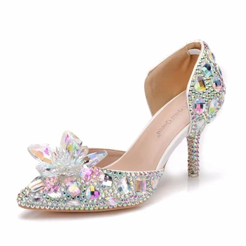 

7.5cm Bling Bling Stones Glass Stiletto High Heels Sexy Pointed Toe Bridal Pumps Diamond Wedding Shoes Women Sandals XY-A0239