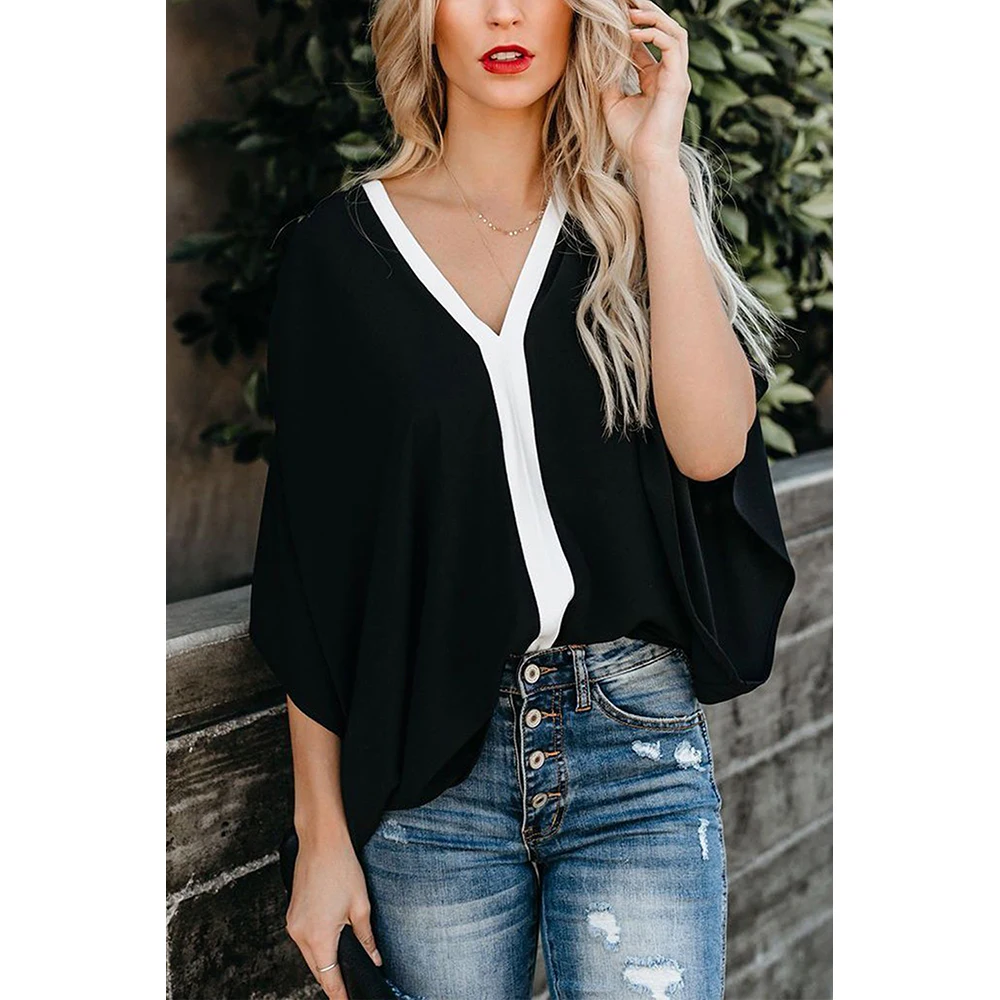 

White Black Fashion Contrast Color V Neck Blouse Loose Patchwork Leisure Chiffon Top 2019 New Summer Lady Top Clothing