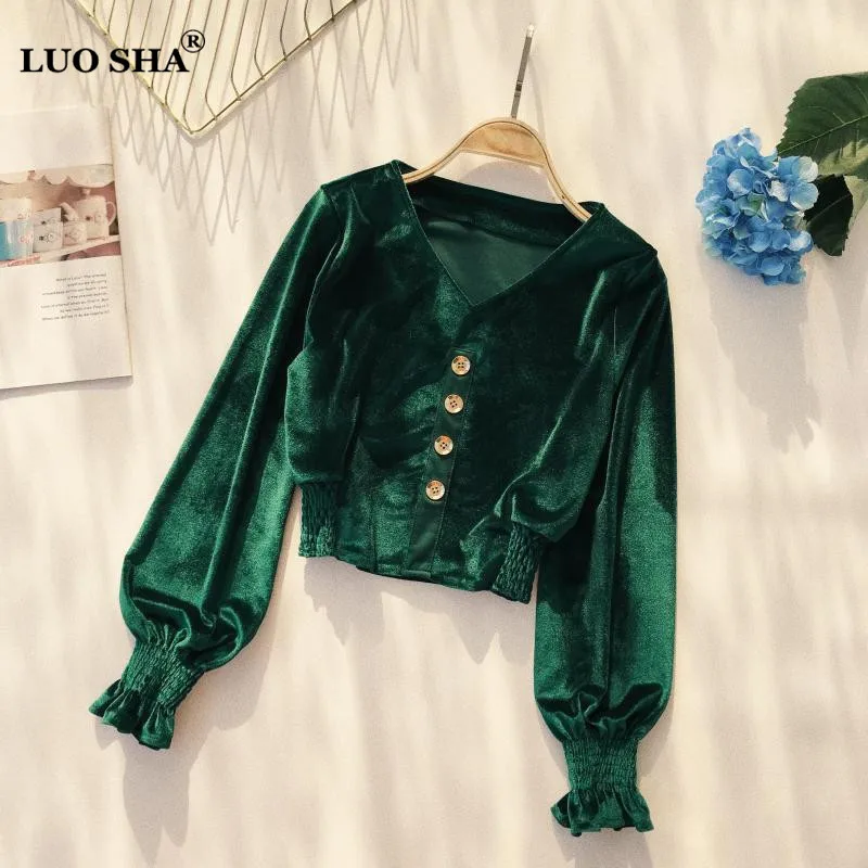 

LUOSHA Women Spring Autumn V Neck Lantern Sleeve Velvet Blouse And Crop Tops Fashion Single Buttons Velour Tunic Waist Shirts