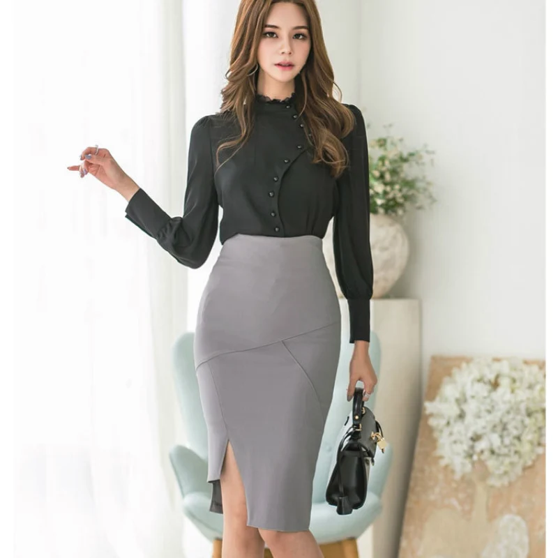 Women Two Piece Sets Black Long Sleeve Blouse Gray Package Hip Split