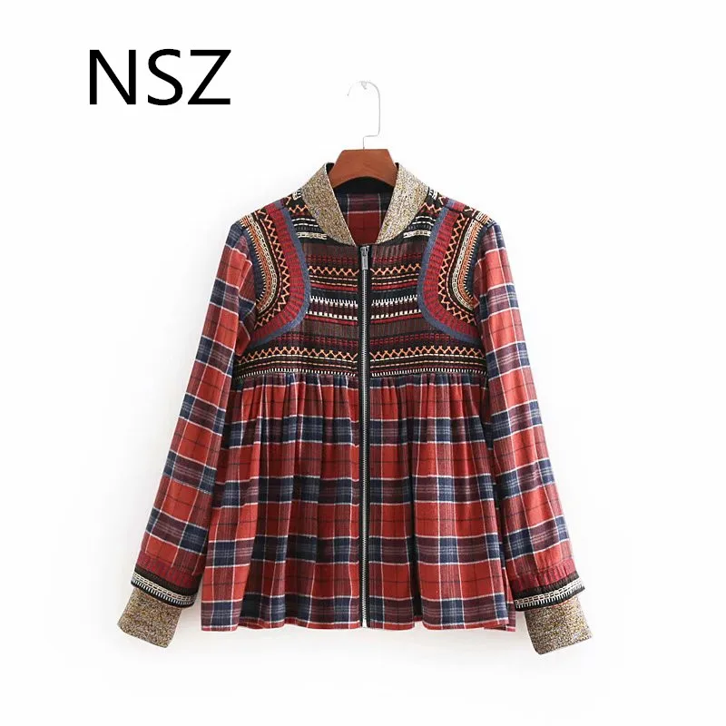 

NSZ Women Vintage Embroidery Plaid Jacket Long Sleeve Stand Collar Zipper Pleated Coats Chic Female Casual outerwear Tops