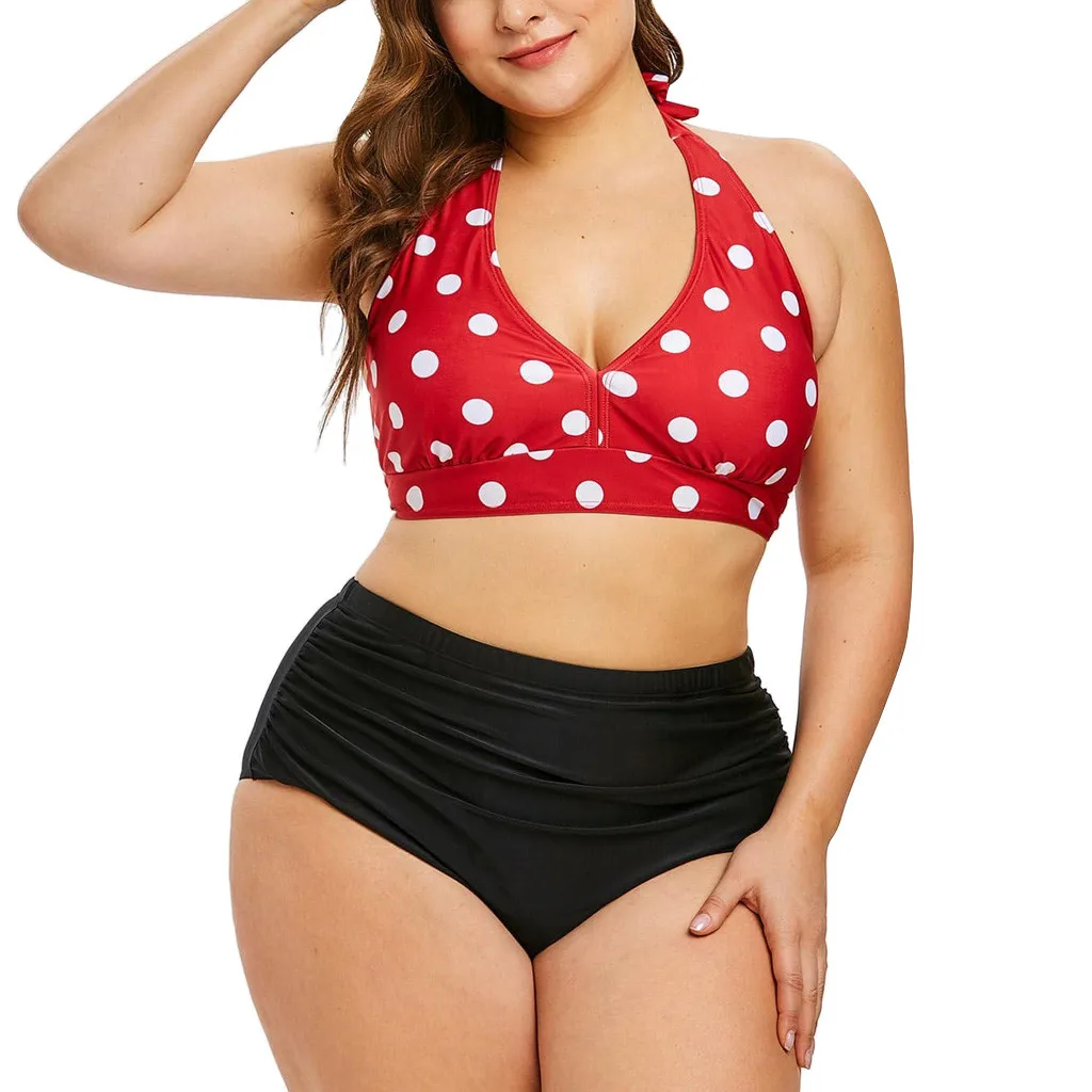 

SAGACE Two Pieces Suits Swimwear Women Plus Size Polka Dot Print Halter Swimsuit Bikini 2019 Summer Mujer Beachwear Swim Suit