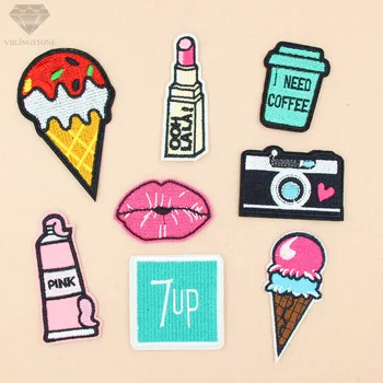 Camera Lips 7up Embroidered Iron on patches for clothes Stripe for clothing embroider Badges T-shirt Shoes