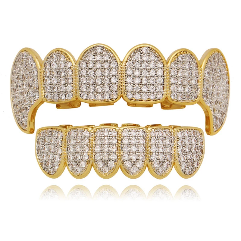 

Hip Hop Gold Teeth Grills Top&Bottom Cubic Zircon Grills Vampire Tooth Caps Grills Dental Rapper Body Jewelry Party