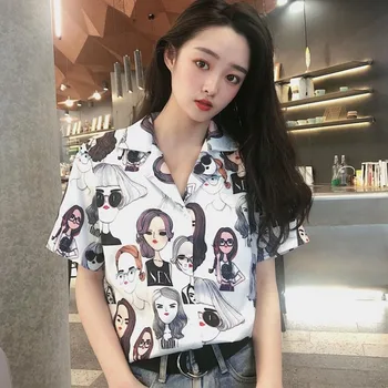 

Blouse Tops New Women Fashion Beauty Printing Short Sleeve Turn-down Collar Office Casual Shirts Blouses Loose preppy style