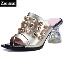 Sapatos de verão Mulher moda Strass sapatos de salto alto sandálias mulheres Flip flops chinelos de couro Genuíno de alta qualidade mulheres Lâminas