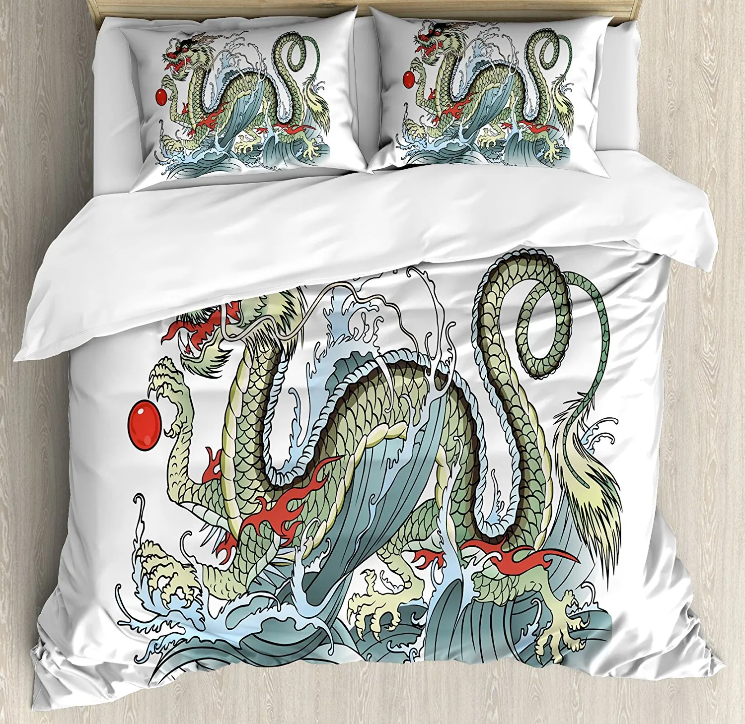 Japanese Dragon Duvet Cover Set Far Eastern Water Dragon Splashing