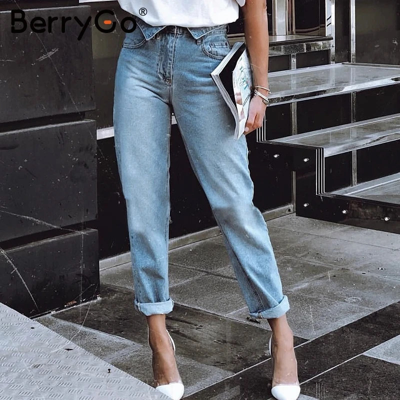 

BerryGo Fold-over waist blue jeans women pants Casual pocket denim autumn trousers Streetwaer skinny harem pants 2018
