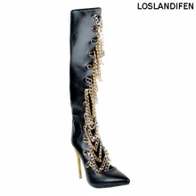 Loslandifen/Новинка; Лидер продаж; женские модные ботфорты ручной работы на высоком каблуке 11 см; цепочки для каблуков; пикантная обувь с острым носком; XD158